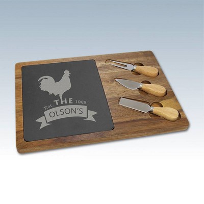 Acacia & Slate Rectangle Cheese Set w/3 Tools
