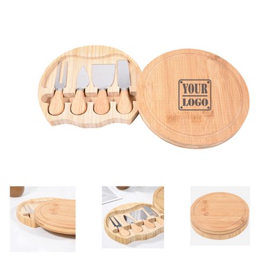 Round Bamboo Cheese Board and 4 Knives Set